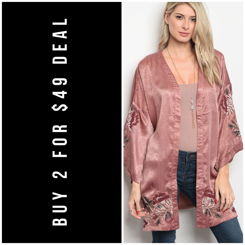 BLUSH EMBROIDERED SATIN DUSTER KIMONO